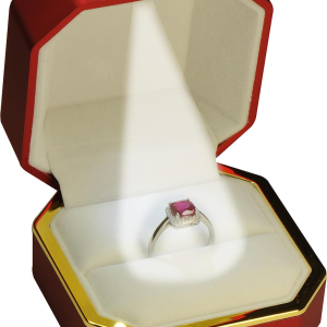 LED Red Burgundy Ring Box for Proposal, Engagement, Wedding…Luxury Octagonal Design with Gold Trim LED Ring Jewelry Gift Holder Box with Light for Men for Women