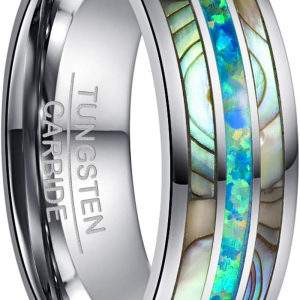 Mens Tungsten Ring Wedding Band 8Mm Real Blue/Green Opal and Abalone Shell Tungsten Engagement Ring Comfort Fit Size 7-12