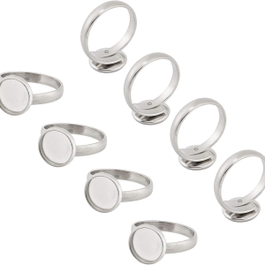 50Pcs 10Mm Stainless Steel Adjustable Finger Rings Components Flat round Pad Ring Base Findings Ring Blanks Setting for Ring Making Stainless Steel Color
