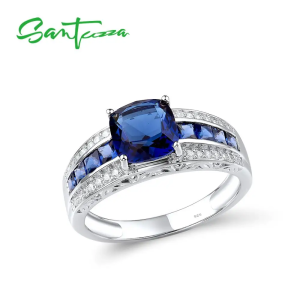 SANTUZZA Silver Rings for Women Pure 925 Sterling Silver Glamorous Blue Cushion Stone Wedding Accessories Fine Jewelry