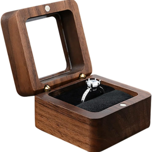 Wooden Ring Box, Mini Engagement Ring Holder Box with Transparent Cover, Square Wedding Ring Box with Sponge Slot, Elegant and Retro Ring Holder Box for Proposal (Black)