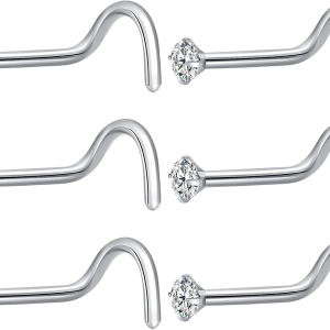 6Pcs Nose Rings Studs Corkscrew 20 Gauge Nose Piercing Jewelry Real Nose Piercings Surgical Steel 20G Screw Nose Rings Jewelry for Women Men 2Mm 2.5Mm 3Mm CZ Gold Silver Black