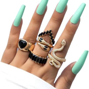 Snake Rings for Women,Gold Snake Knuckle Rings Boho Crystal Heart Stacking Finger Rings Set Vintage Snake Jewelry (Black)