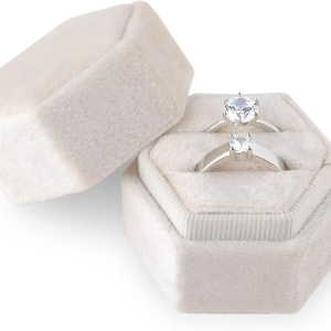 Velvet Ring Box for Jewellery Double Slots Hexagon Ring Box for Engagement Ceremony Wedding Valentine'S Day Holding 2 Rings (Beige)